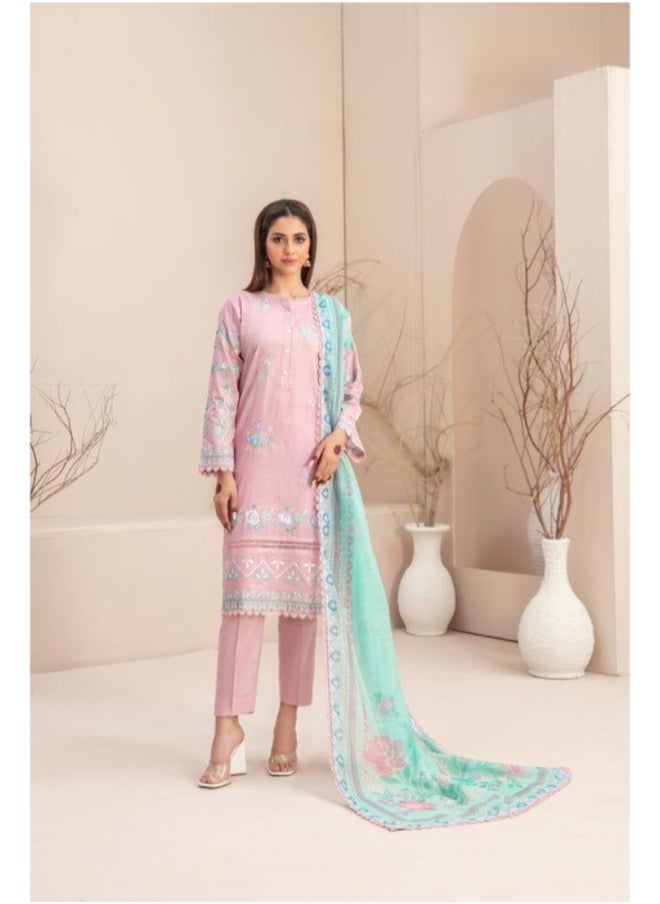 TAWAKKAL FABRICS Set of 3 Pieces Kurti with Bottom and Dupatta - Pink and Light Green  - Image 1