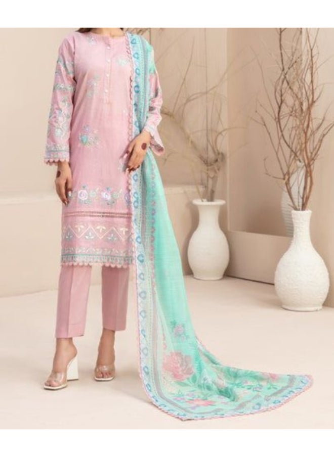 TAWAKKAL FABRICS Set of 3 Pieces Kurti with Bottom and Dupatta - Pink and Light Green  - Image 3