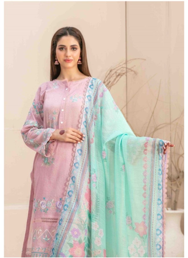 TAWAKKAL FABRICS Set of 3 Pieces Kurti with Bottom and Dupatta - Pink and Light Green  - Image 2