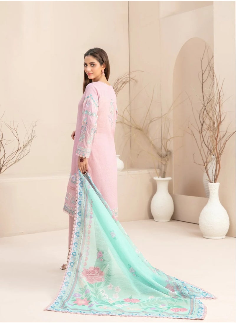 TAWAKKAL FABRICS Set of 3 Pieces Kurti with Bottom and Dupatta - Pink and Light Green  - Image 5