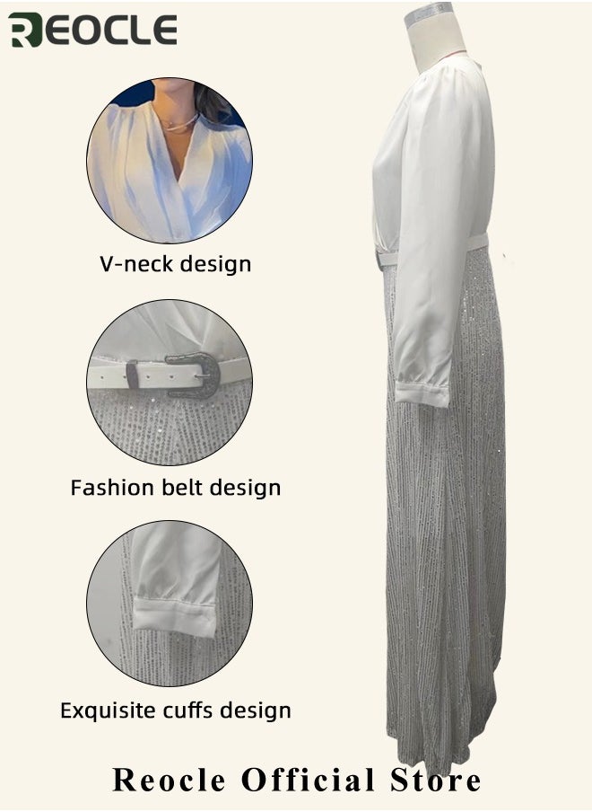 REOCLE Women's Jumpsuit Shiny Sequin Rompers with Long Sleeve Design & Wide Belt Design & Wide Leg Trousers Design & V-neck Design Elegant Wide Leg Pants for Evening Party  - Image 3