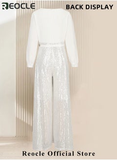 REOCLE Women's Jumpsuit Shiny Sequin Rompers with Long Sleeve Design & Wide Belt Design & Wide Leg Trousers Design & V-neck Design Elegant Wide Leg Pants for Evening Party  - Image 2