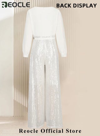 Women's Jumpsuit Shiny Sequin Rompers with Long Sleeve Design & Wide Belt Design & Wide Leg Trousers Design & V-neck Design Elegant Wide Leg Pants for Evening Party - view 2
