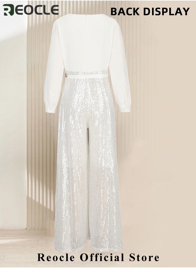 REOCLE Women's Jumpsuit Shiny Sequin Rompers with Long Sleeve Design & Wide Belt Design & Wide Leg Trousers Design & V-neck Design Elegant Wide Leg Pants for Evening Party  - Image 2
