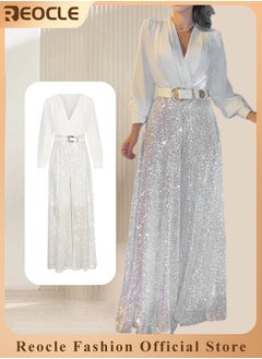 REOCLE Women's Jumpsuit Shiny Sequin Rompers with Long Sleeve Design & Wide Belt Design & Wide Leg Trousers Design & V-neck Design Elegant Wide Leg Pants for Evening Party  - Image 1