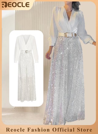 Women's Jumpsuit Shiny Sequin Rompers with Long Sleeve Design & Wide Belt Design & Wide Leg Trousers Design & V-neck Design Elegant Wide Leg Pants for Evening Party - pzsku/Z278296AC85BCD8F81B62Z/45/1746231962/f00b82bb-739a-479a-8079-c2d66e4b234a