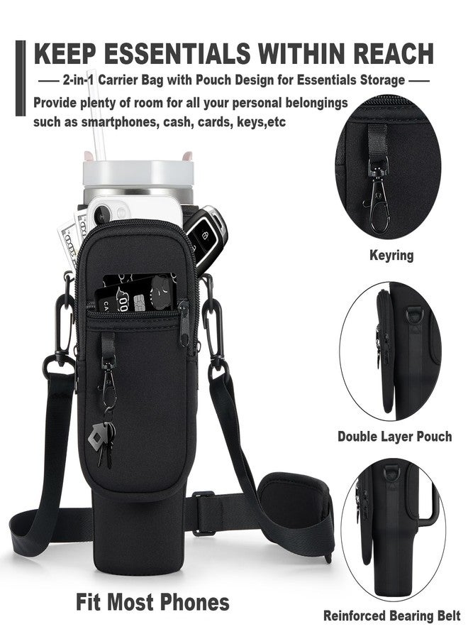 BULKITEM Water Bottle Carrier Bag with Phone Pocket for Black Stanley 40 oz Tumbler with Handle, Black Insulated Neoprene Cup Holder Pouch Strap for Valentines Stanley Cup Accessories - Image 3