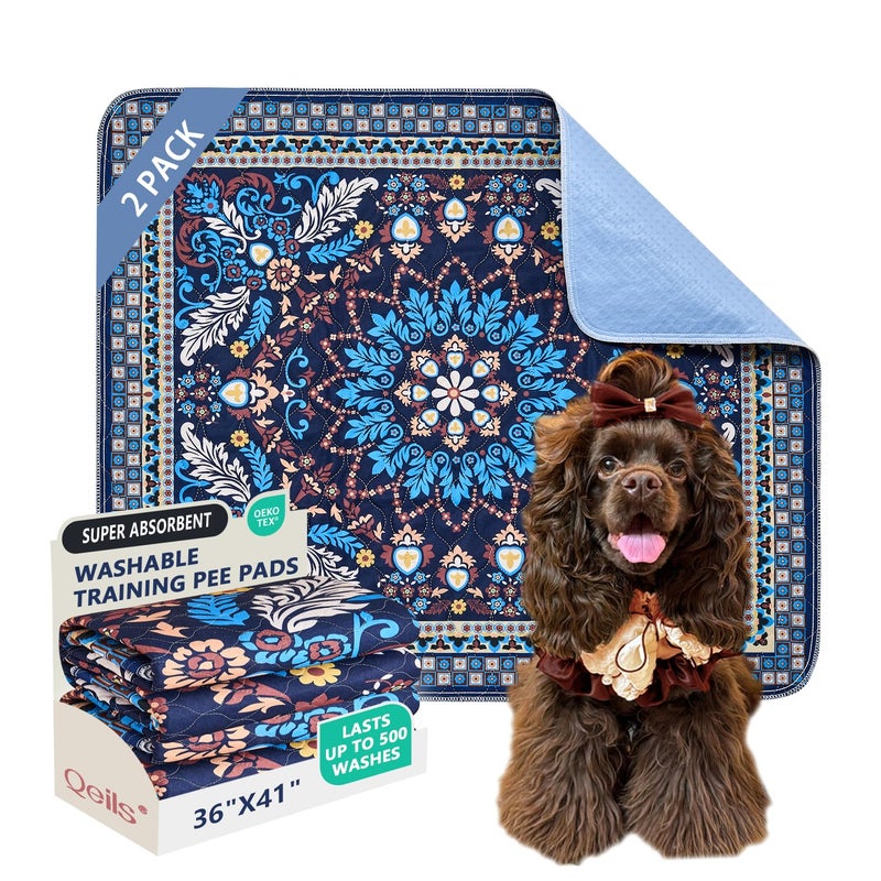 Qeils Washable Pee Pads, Reusable Puppy Pads Super Absorbent Leakproof Dog Training Pads, Non-Slip Wee Wee Pads for Crate, Floor, Potty Pads Feeding Mat Dog Pee 2 Pack 36"x41" - Image 1