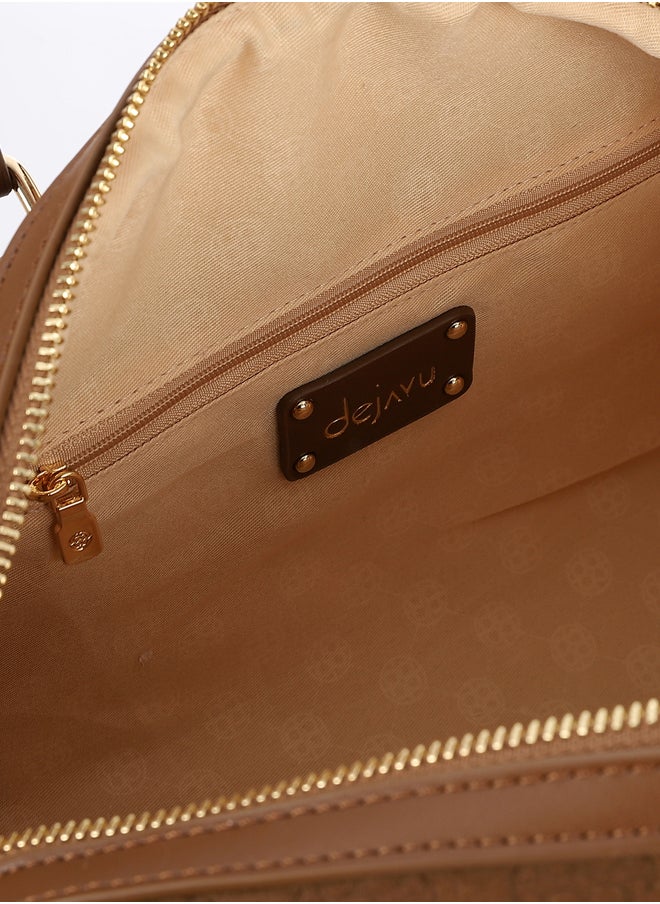 Embossed Logo Pattern Coffee Brown Top Handle Bag