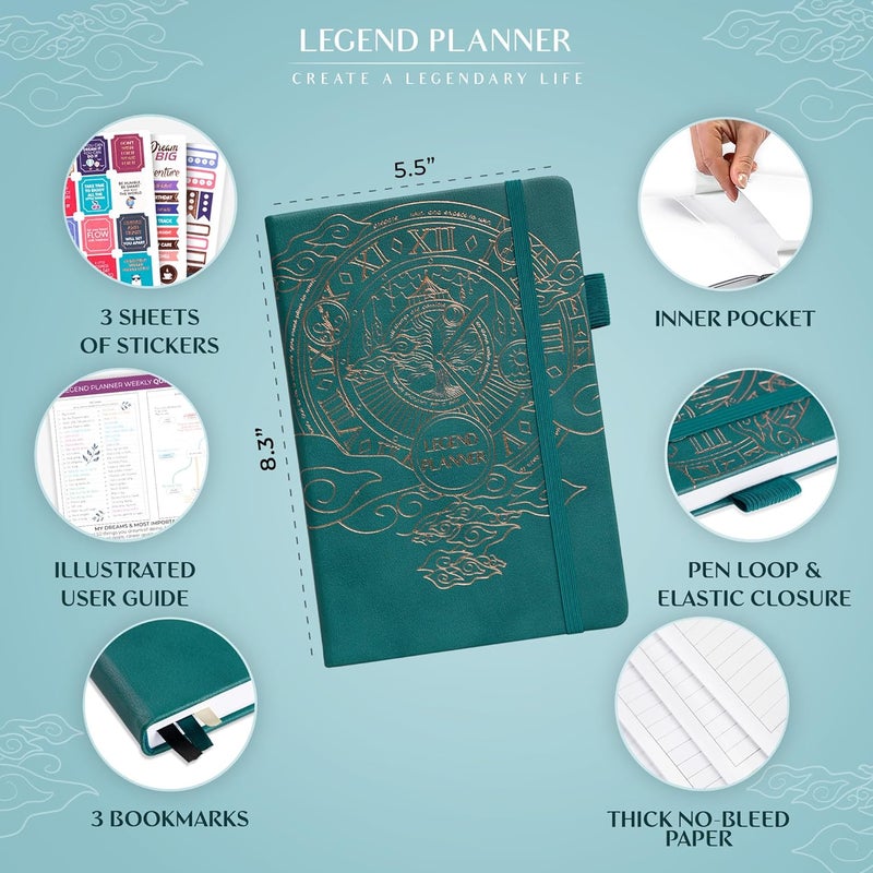 Legend Planner مخطط الأسطورة – مخطط الحياة الفاخر الأسبوعي والشهري لتحقيق أهدافك والعيش بسعادة. دفتر منظم ومجلة إنتاجية. غلاف صلب بحجم A5، غير مؤرخ – ابدأ في أي وقت + ملصقات – أزرق داكن ذهبي - Image 2