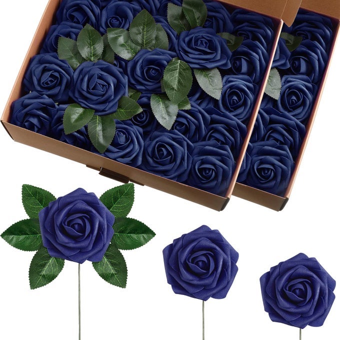 100 PIECES ARTIFICIAL FOAM ROSE FLOWERS FAUX BOUQUET WITH LEAVES AND STEMS FOR DIY WEDDING BOUQUETS CENTERPIECES BRIDAL SHOWER PARTY VALENTINE HOME DECORATIONSNAVY BLUE