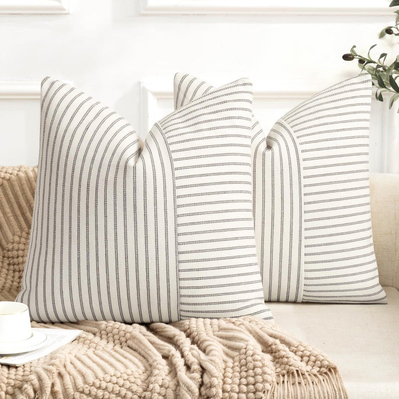 Farmhouse Pillow Covers 16x16 Modern Accent Square Throw Pillow Covers Set of 2 Gray and Beige Striped Patchwork Linen Decorative Pillows Cushion Covers for Couch Chair Bedroom Fall Decorations