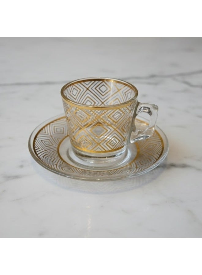 إيليجانت ✨ طقم أكواب إسبريسو زجاج فاخر مزين بالذهب – 6 فناجين + 6 صحون (12 قطعة) | سعة 80 مل ☕💛 - Image 1