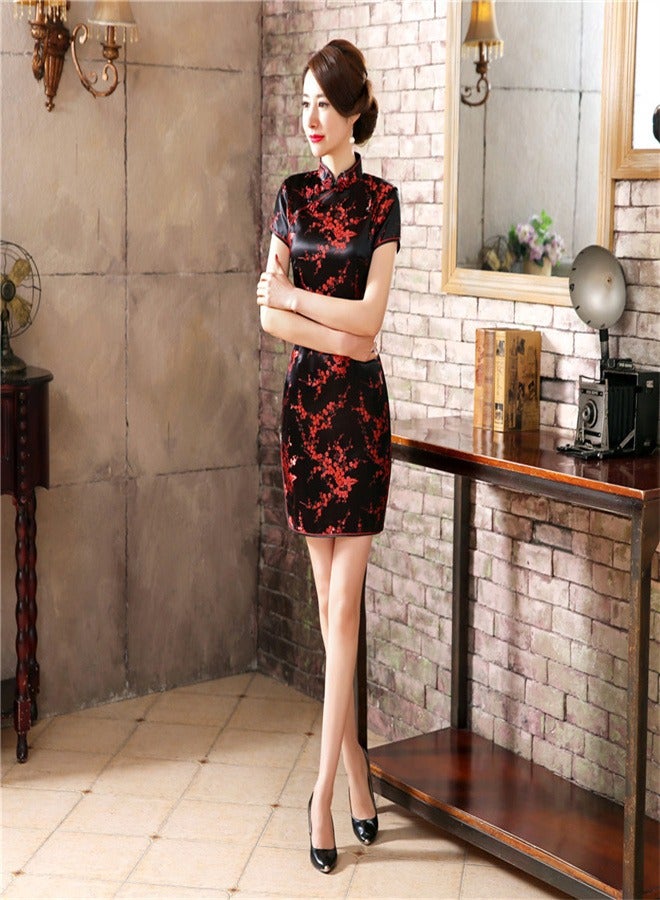 Loquat A Plum Blossom Short Sleeved Dress Black/Red  - Image 3