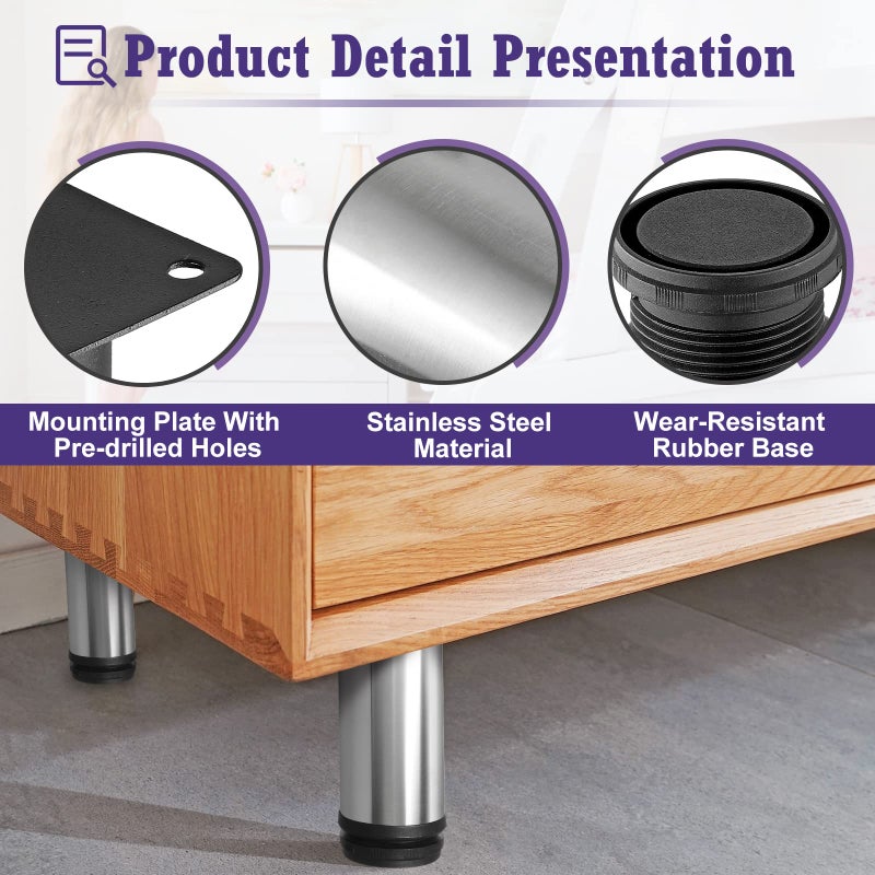 Masendelk 6 Inch Metal Furniture Legs Stainless Steel Adjustable Legs Silver Metal Legs Round Cabinet Legs For Coffee Table Cabinet Desk Sofa Shelves  Pack Of 4 - Image 3