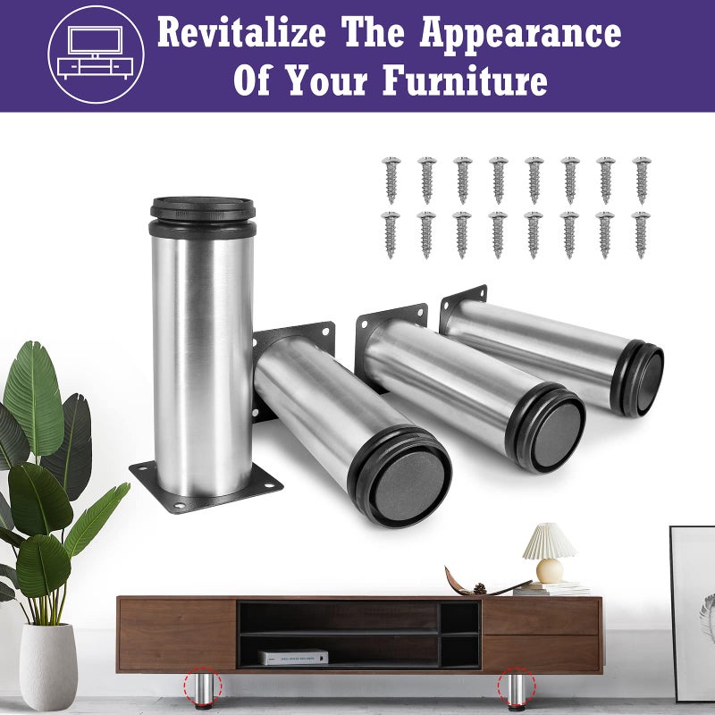 Masendelk 6 Inch Metal Furniture Legs Stainless Steel Adjustable Legs Silver Metal Legs Round Cabinet Legs For Coffee Table Cabinet Desk Sofa Shelves  Pack Of 4 - Image 2