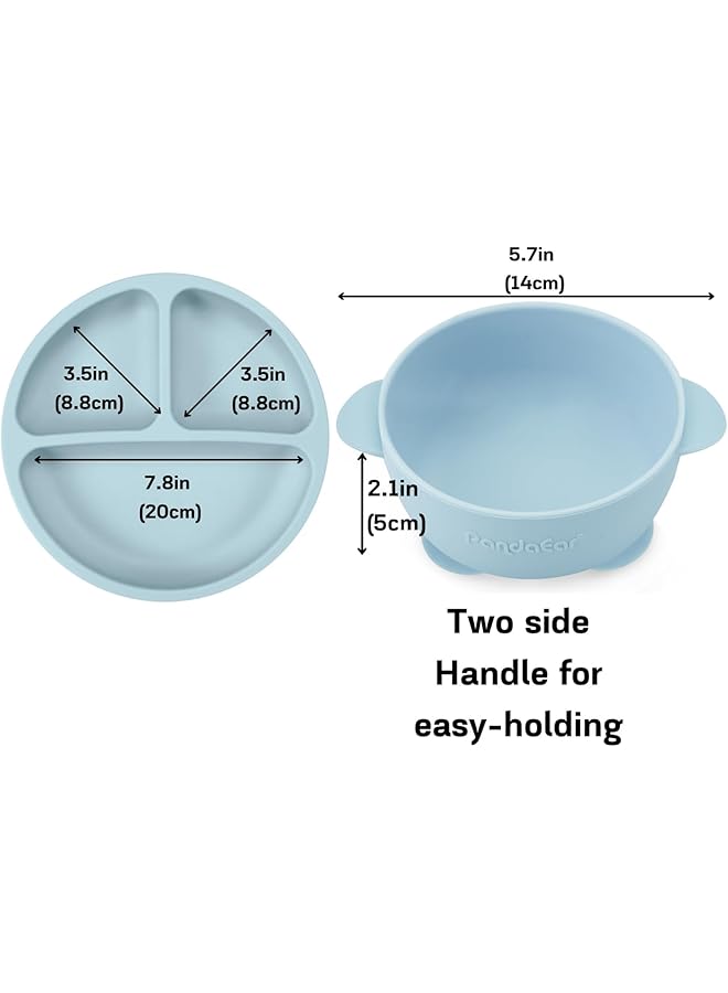 PandaEar Silicone Baby Feeding Set 11Pcs Baby Led Weaning Supplies Self Feeding Utensils Divided Suction Plate Bowl Bibs Sippy Cup With Baby Food Pouch Snack Container Spoons Forks Blue - Image 3