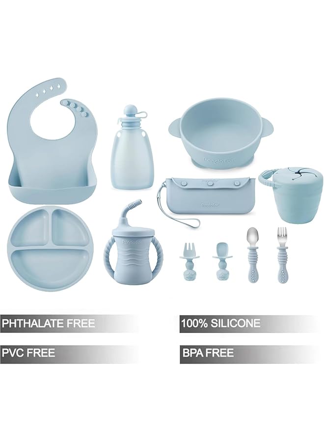PandaEar Silicone Baby Feeding Set 11Pcs Baby Led Weaning Supplies Self Feeding Utensils Divided Suction Plate Bowl Bibs Sippy Cup With Baby Food Pouch Snack Container Spoons Forks Blue - Image 2