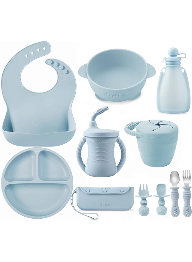 PandaEar Silicone Baby Feeding Set 11Pcs Baby Led Weaning Supplies Self Feeding Utensils Divided Suction Plate Bowl Bibs Sippy Cup With Baby Food Pouch Snack Container Spoons Forks Blue - Image 1