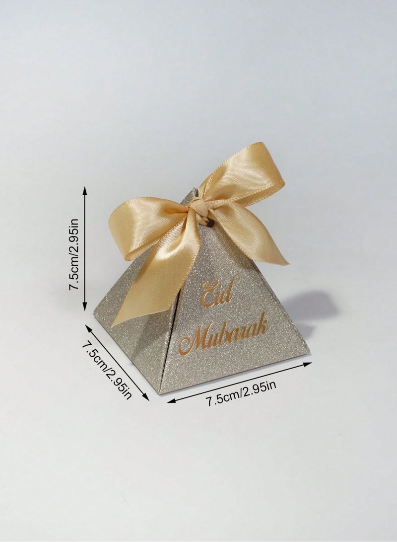 Eid Distributions 10 Pieces Glittery Gold Pyramid Gift Boxes with Elegant Satin Ribbon, Perfect for Sweets and Small Gifts in Celebrations and Occasions - Image 3