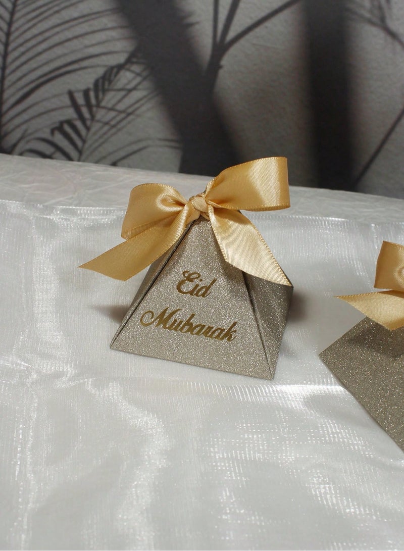 Eid Distributions 10 Pieces Glittery Gold Pyramid Gift Boxes with Elegant Satin Ribbon, Perfect for Sweets and Small Gifts in Celebrations and Occasions - Image 1