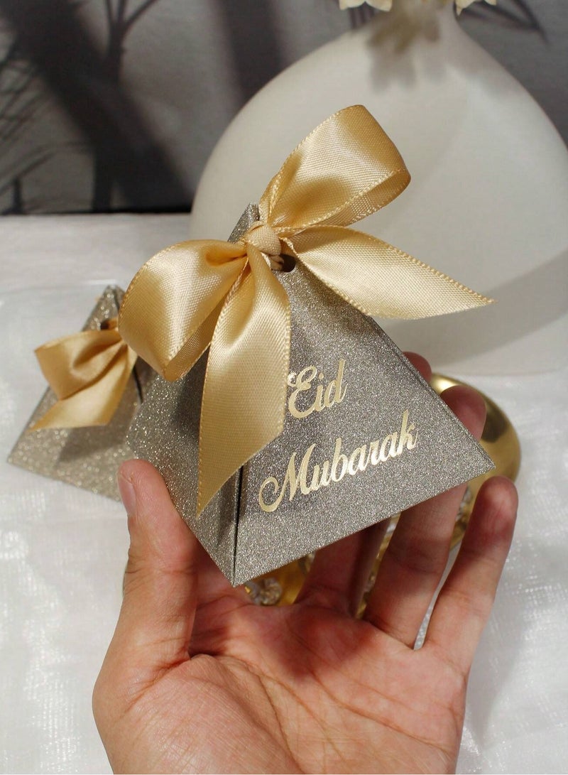 Eid Distributions 10 Pieces Glittery Gold Pyramid Gift Boxes with Elegant Satin Ribbon, Perfect for Sweets and Small Gifts in Celebrations and Occasions - Image 2