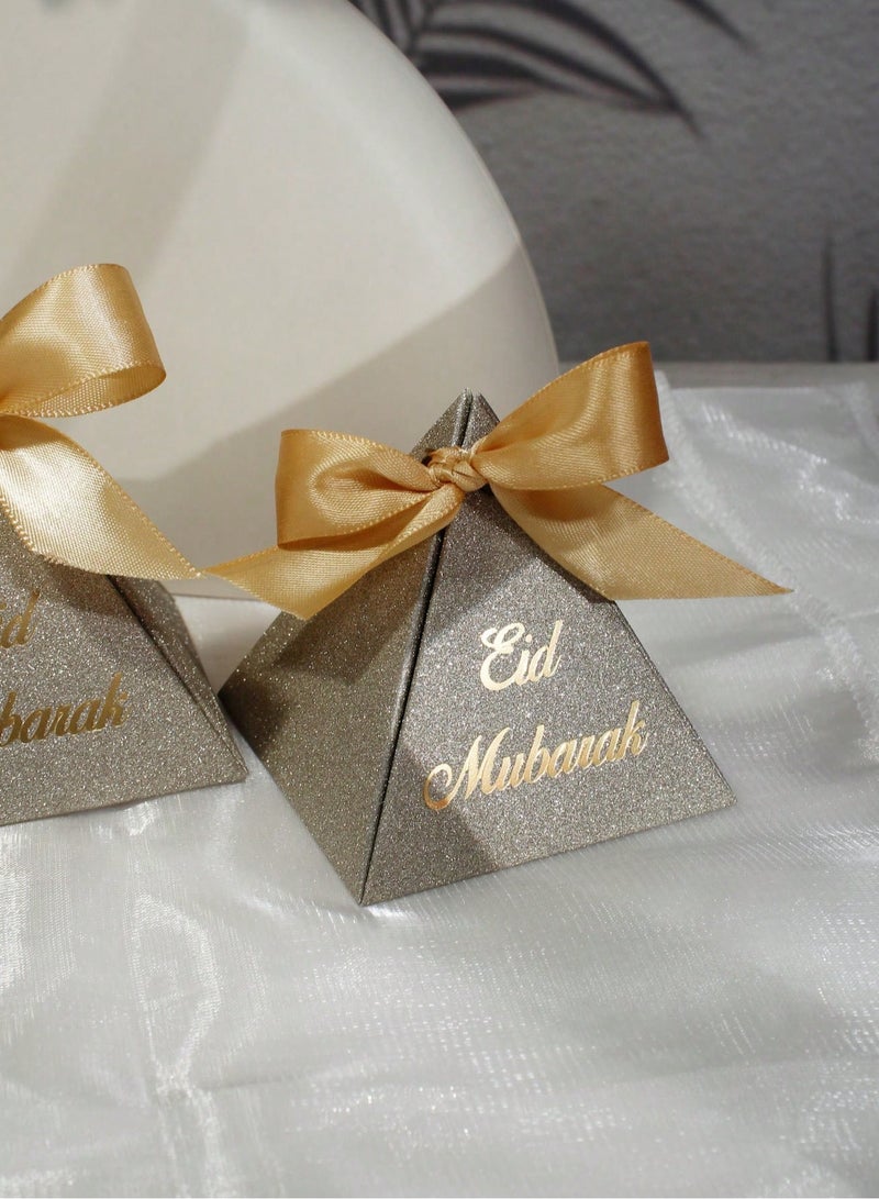 Eid Distributions 10 Pieces Glittery Gold Pyramid Gift Boxes with Elegant Satin Ribbon, Perfect for Sweets and Small Gifts in Celebrations and Occasions - Image 5