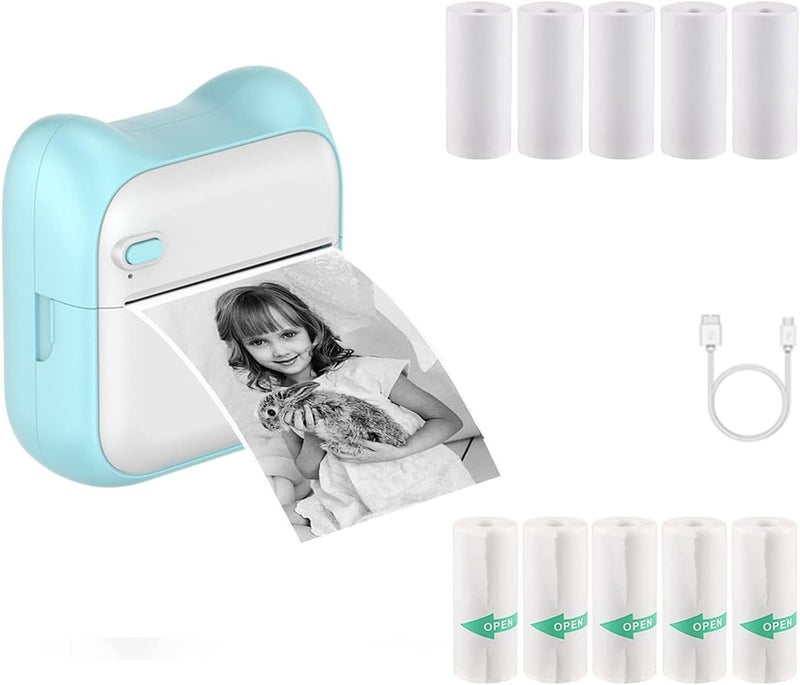 كاست ويف طابعة حرارية صغيرة، طابعة ملصقات محمولة متوافقة مع أنظمة أندرويد وiOS، مزودة بخمس لفات من الملصقات وخمس لفات من الورق الحراري، صور قابلة للطباعة، قوائم، رموز الاستجابة السريعة، ملاحظات - Image 1