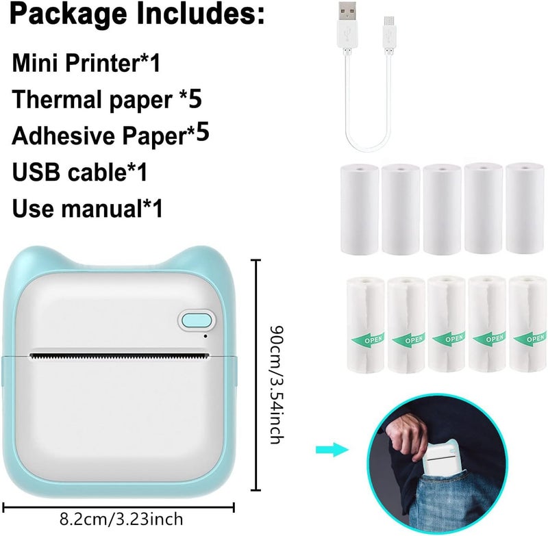 كاست ويف طابعة حرارية صغيرة، طابعة ملصقات محمولة متوافقة مع أنظمة أندرويد وiOS، مزودة بخمس لفات من الملصقات وخمس لفات من الورق الحراري، صور قابلة للطباعة، قوائم، رموز الاستجابة السريعة، ملاحظات - Image 5