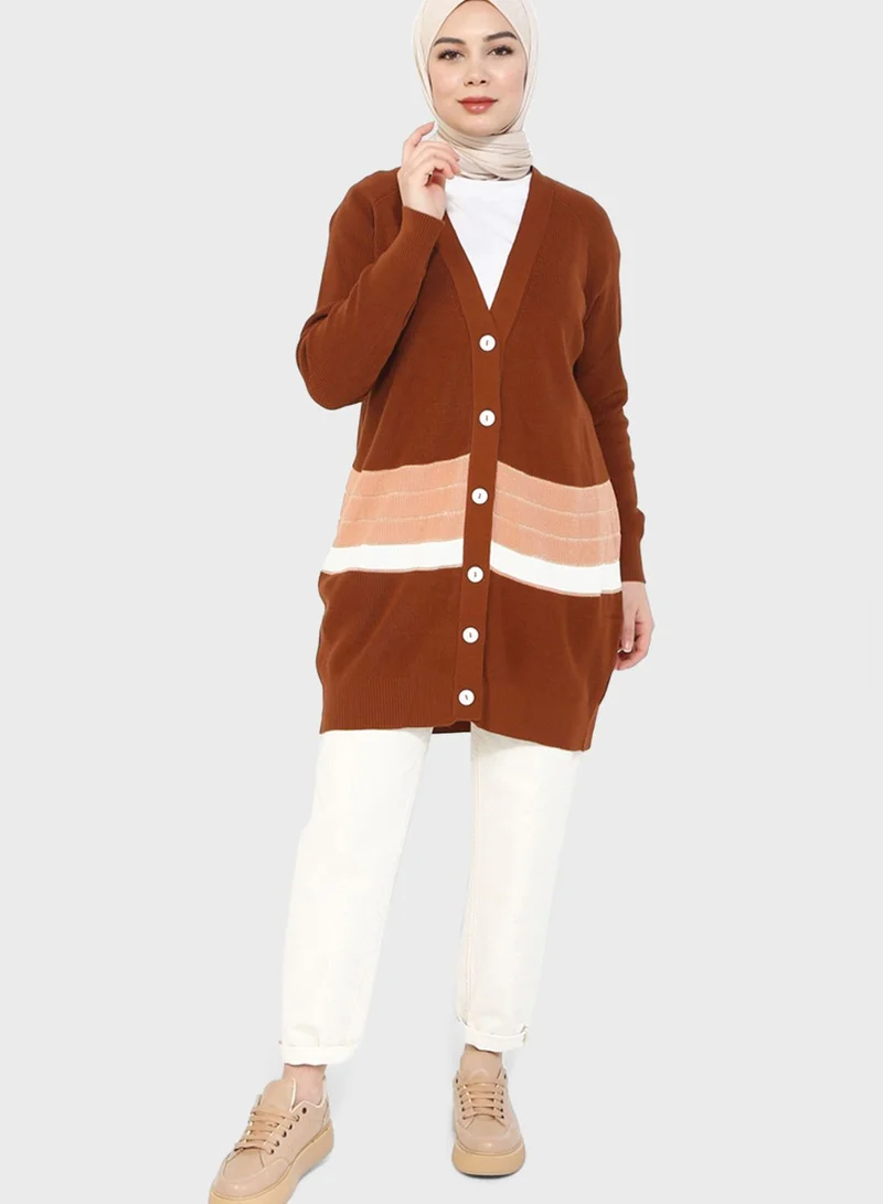 Tavin by Modanisa Striped Button Detail Cardigan