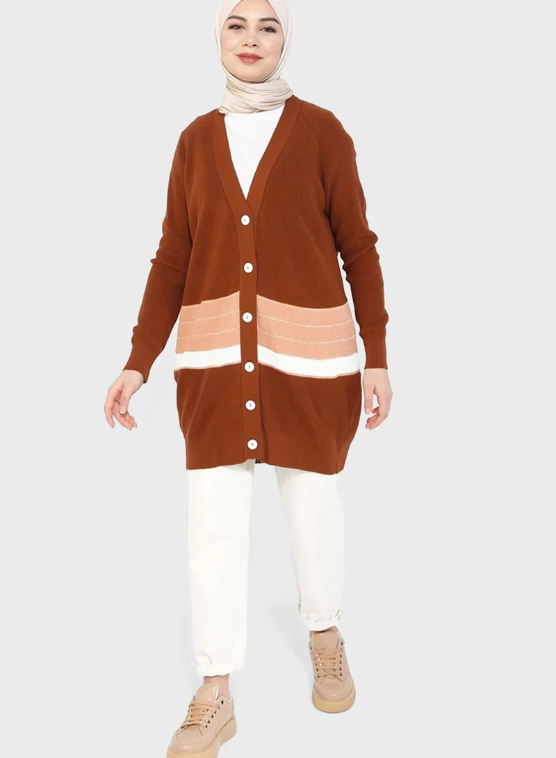Tavin by Modanisa Striped Button Detail Cardigan