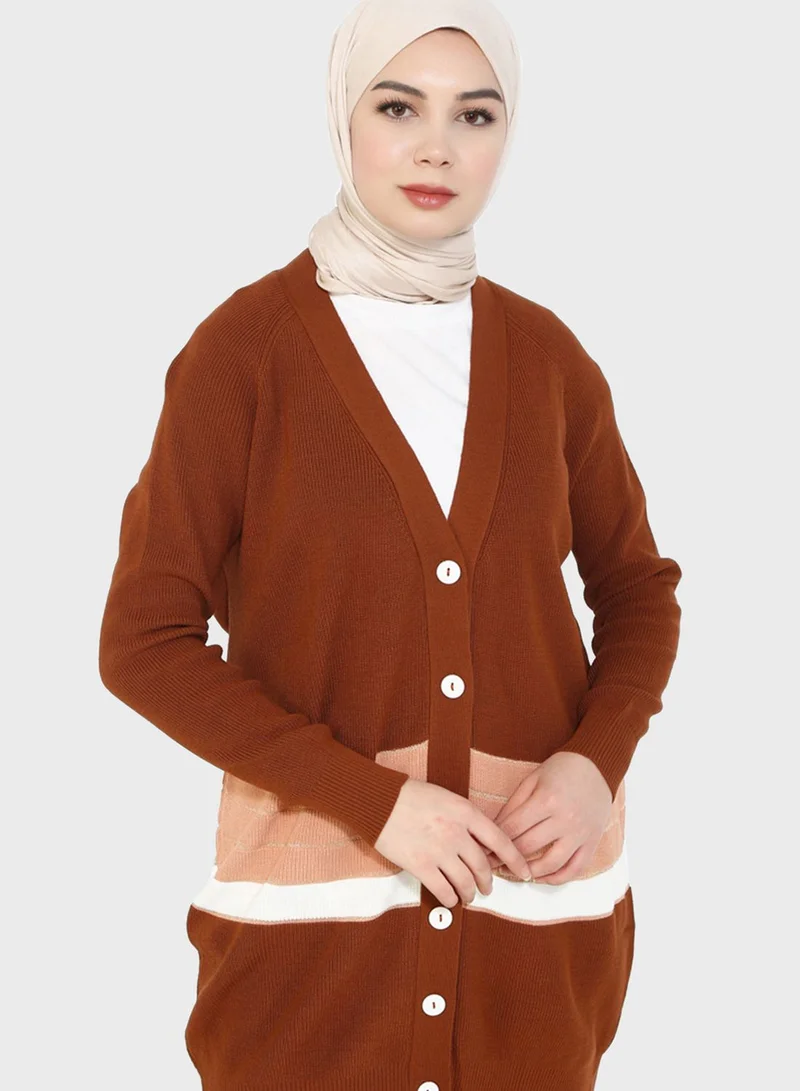 Tavin by Modanisa Striped Button Detail Cardigan