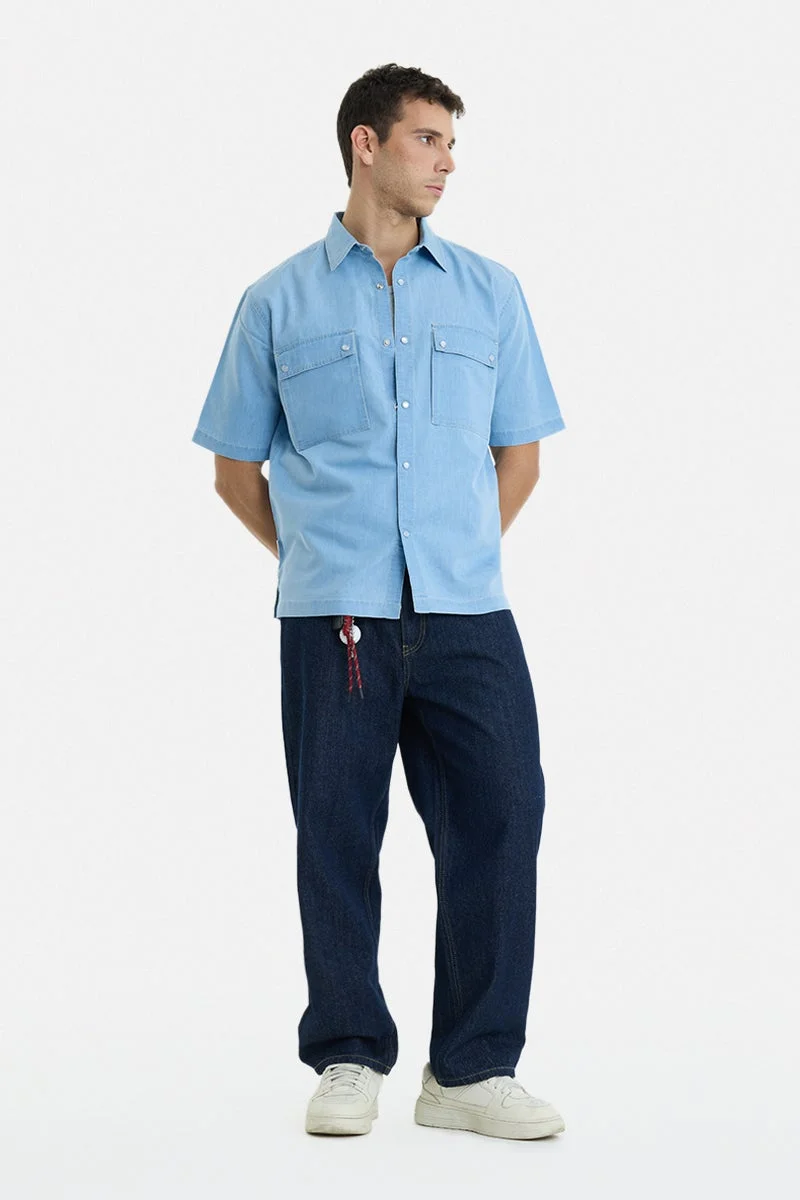 سنيتش Light Blue Solid Half Sleeve Regular Fit Casual Shirt