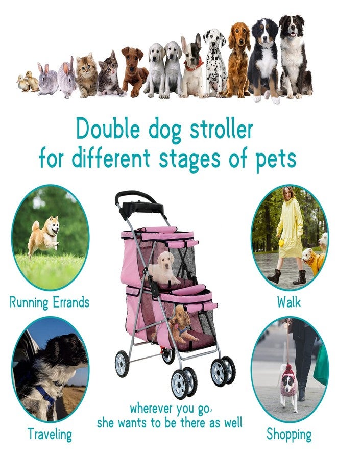 HHS Pet Strollers for 2 Dogs and Cats, Double 4 Wheel Doggie Small Medium Pets with Safety Belts Folding Portable Carriage Cart Storage Basket Travel Jogger, Pink, pinck, 30 x 19 40 Inch - Image 2