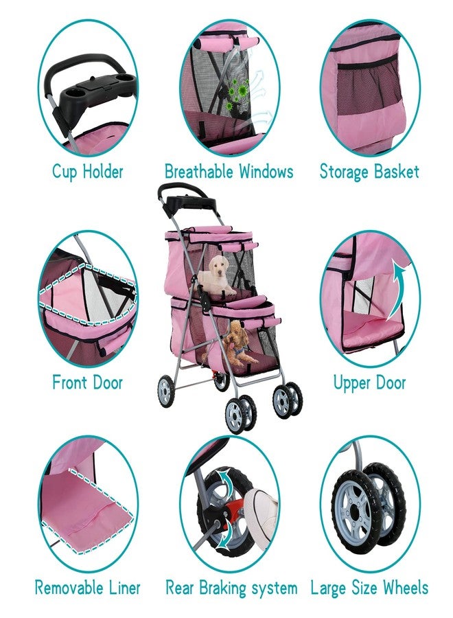 HHS Pet Strollers for 2 Dogs and Cats, Double 4 Wheel Doggie Small Medium Pets with Safety Belts Folding Portable Carriage Cart Storage Basket Travel Jogger, Pink, pinck, 30 x 19 40 Inch - Image 3