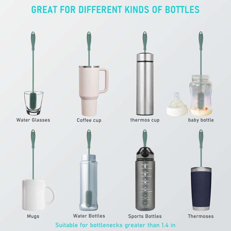 ddLUCK 15.7"" Silicone Bottle Brush  Ddluck Water Bottle Cleaner Brush For Stanley  Hydroflasks  Glass  Thermos Sports Bottle  Vase And Glassware  Bottle Brush Cleaner For Small Narrow Neck Containers (Green) - Image 2