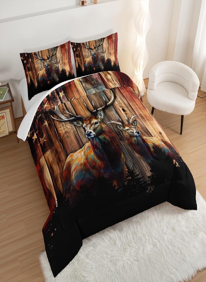 UEVBF Forest Deer Bedding American Flag Comforter Set,Hunting Themed Comforter Sets Queen Size for Kids Boys Men Room Decor,Retro Rustic Bedding Comforter Sets with 2 Pillowcases. - Image 2