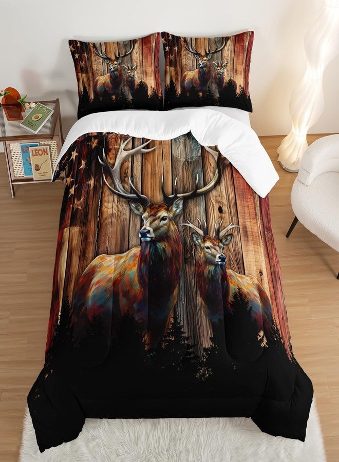 UEVBF Forest Deer Bedding American Flag Comforter Set,Hunting Themed Comforter Sets Queen Size for Kids Boys Men Room Decor,Retro Rustic Bedding Comforter Sets with 2 Pillowcases. - Image 1