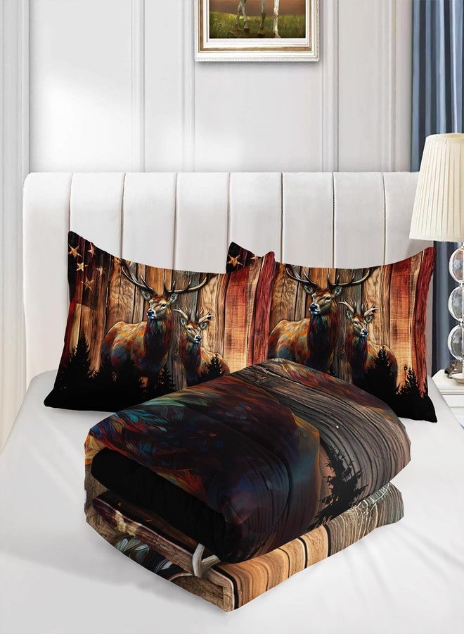 UEVBF Forest Deer Bedding American Flag Comforter Set,Hunting Themed Comforter Sets Queen Size for Kids Boys Men Room Decor,Retro Rustic Bedding Comforter Sets with 2 Pillowcases. - Image 4