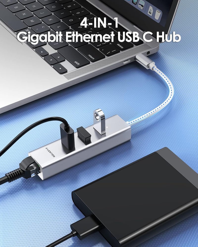 Lention محول USB إلى Ethernet بـ 3 منافذ، محول USB إلى RJ45 Ethernet، محولات شبكة الكمبيوتر لجهاز MacBook Pro من 2025-2016، Mac Air من 2025-2018، iPad Pro الجديد، Chromebook، لابتوب C Port (CB-C23s، فضي) - Image 2
