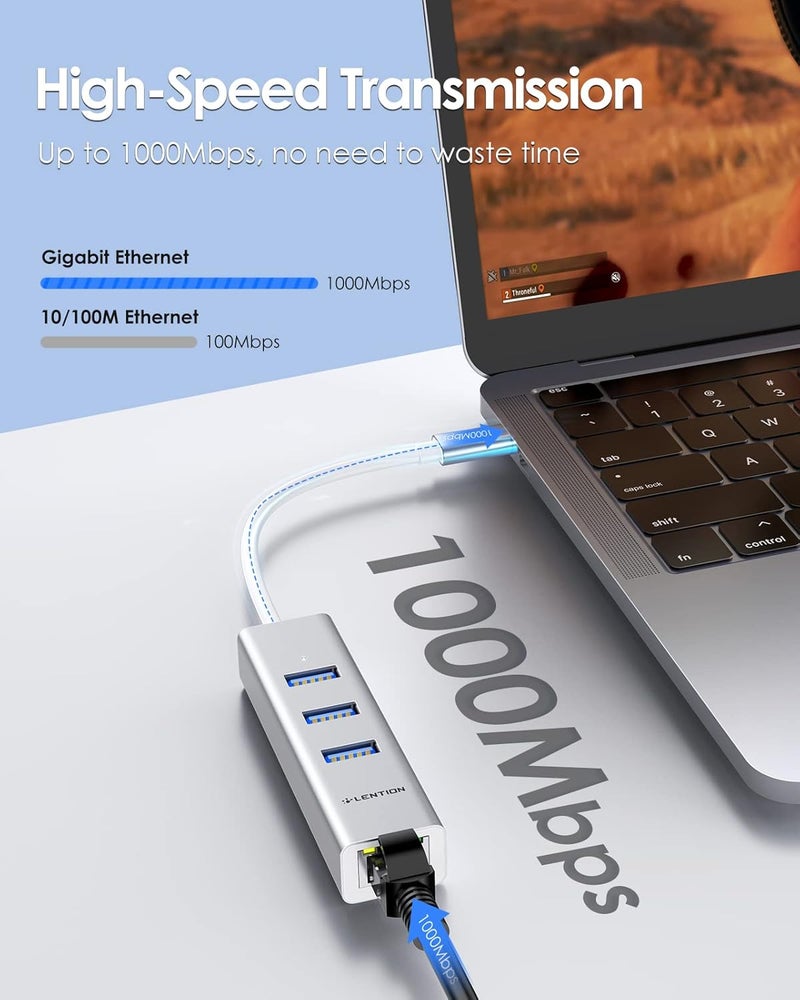 Lention محول USB إلى Ethernet بـ 3 منافذ، محول USB إلى RJ45 Ethernet، محولات شبكة الكمبيوتر لجهاز MacBook Pro من 2025-2016، Mac Air من 2025-2018، iPad Pro الجديد، Chromebook، لابتوب C Port (CB-C23s، فضي) - Image 3