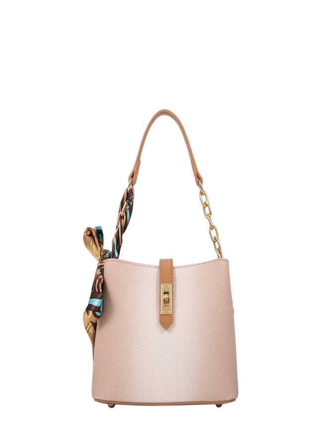 BAGCO Women’s Elegant Handbag with Scarf Accent - Small Shoulder Bag with Top Handle & Detachable Strap - Stylish PU Leather Purse with Gold Chain Detail (Off White) - Image 1