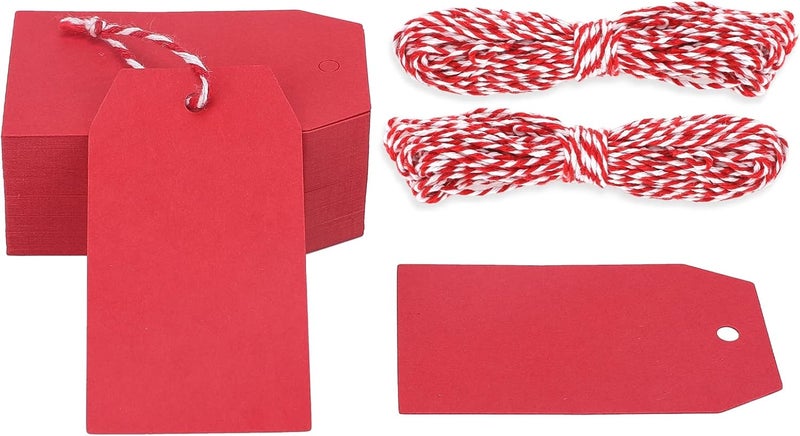 g2plus Red Gift Tags, 100PCS Red Paper Gift Tags with String, 2.8x1.6 in Blank Paper Hanging Label Tag, Rectangle Present Name Tag for Christmas, Gift Wrapping, DIY Arts & Crafts, Garage Sales - Image 1