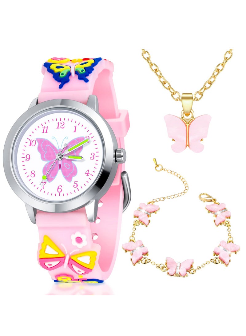 SYOSI SYOSI Kids Analog Watch for Girls Lovely Girls Butterfly Watch with Butterfly Necklace Charm Bracelets 3D Cartoon Silicone Kids Girls Watches with Easy to Read Numbers Pointers for Birthday Gifts - Image 1