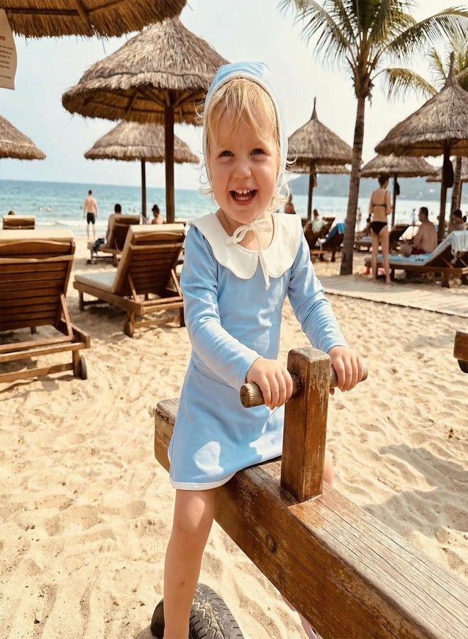 Socutebabe طقم ملابس سباحة للبنات الصغيرات، قطعة واحدة بأكمام طويلة، واقي من الطفح الجلدي، رومبير، تنورة مع قبعة (أزرق سماوي، 5-6 سنوات) - Image 5