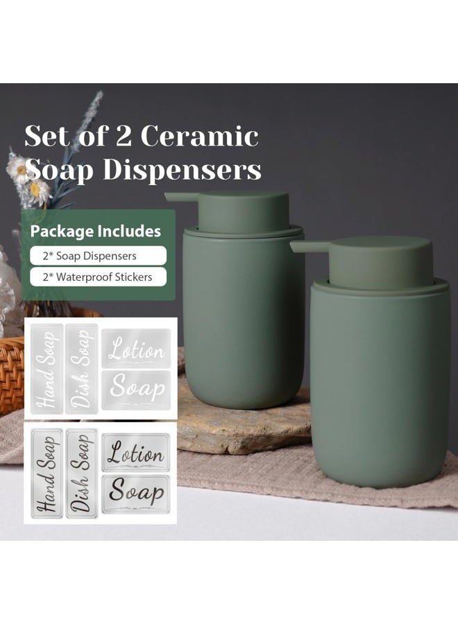 INGOFIN Ceramic Foaming Soap Dispenser Set, 2 Pack (12 oz) Bathroom Foam Hand Soap Dispenser with Pump, Hand and Dish Soap Dispenser Set with 8 Pcs Clear Stickers,for Kitchen- Matte Green - Image 2