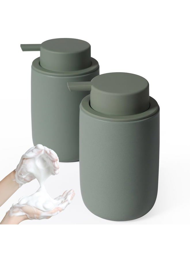 INGOFIN Ceramic Foaming Soap Dispenser Set, 2 Pack (12 oz) Bathroom Foam Hand Soap Dispenser with Pump, Hand and Dish Soap Dispenser Set with 8 Pcs Clear Stickers,for Kitchen- Matte Green - Image 1