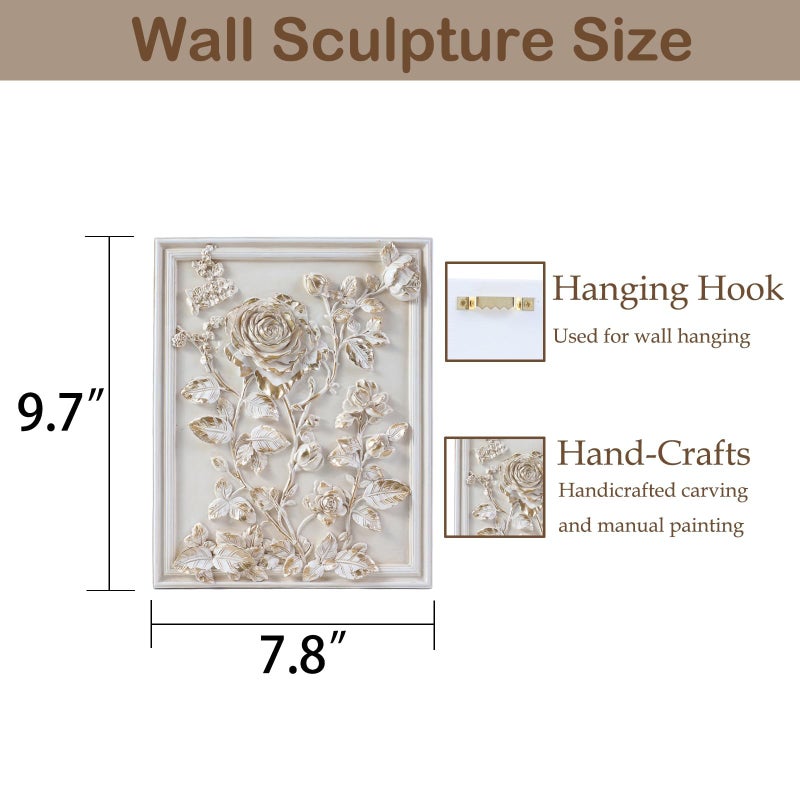 Kangce Vintage Wall Sculptures,Antique Art Decor with Hand-Carved Rose Pattern,Floral Wall Decor,Ornate Victorian Home Decor,for Living Room, Bedroom,Hallway Gallery,Rectangular,Off-White and Gold - Image 2