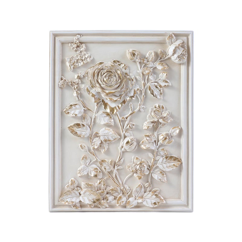 Kangce Vintage Wall Sculptures,Antique Art Decor with Hand-Carved Rose Pattern,Floral Wall Decor,Ornate Victorian Home Decor,for Living Room, Bedroom,Hallway Gallery,Rectangular,Off-White and Gold - Image 1