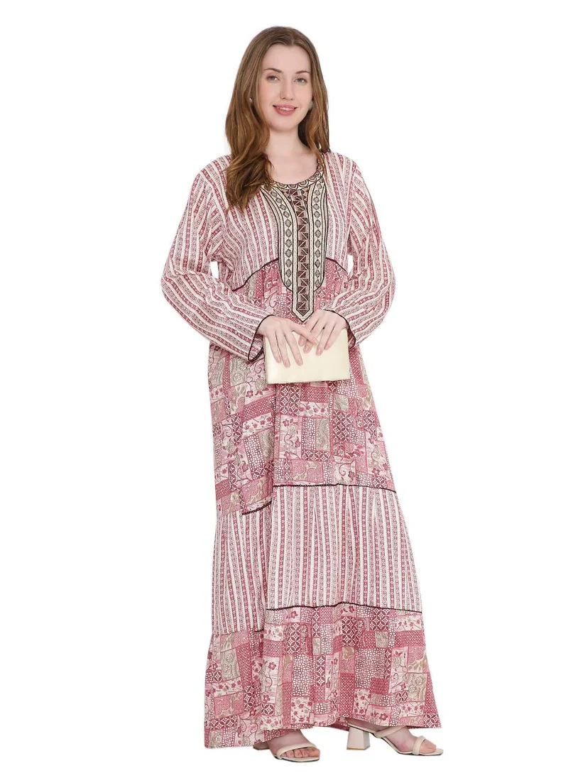 هانا آند سارا long viscose printed farasha with unique thread embroidered arabic kaftan jalabiya dress